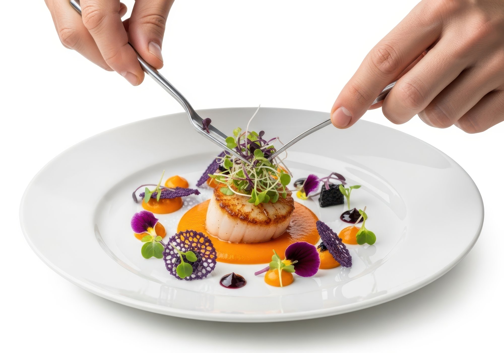 Chef elegante che impiatta un piatto raffinato